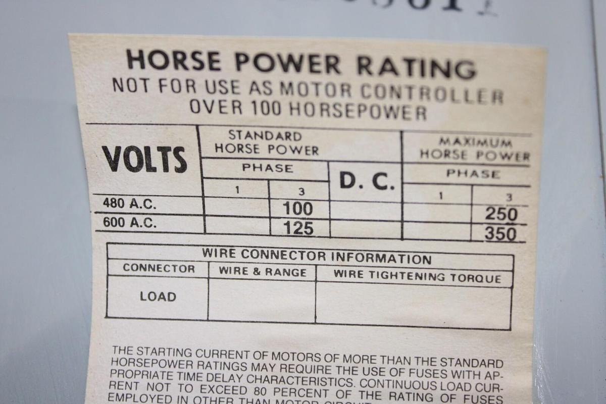 Used ITE VACU-BREAK PANELBOARD DISCONNECT SWITCH VMS365B 400 AMP 600 VAC 3-PHASE