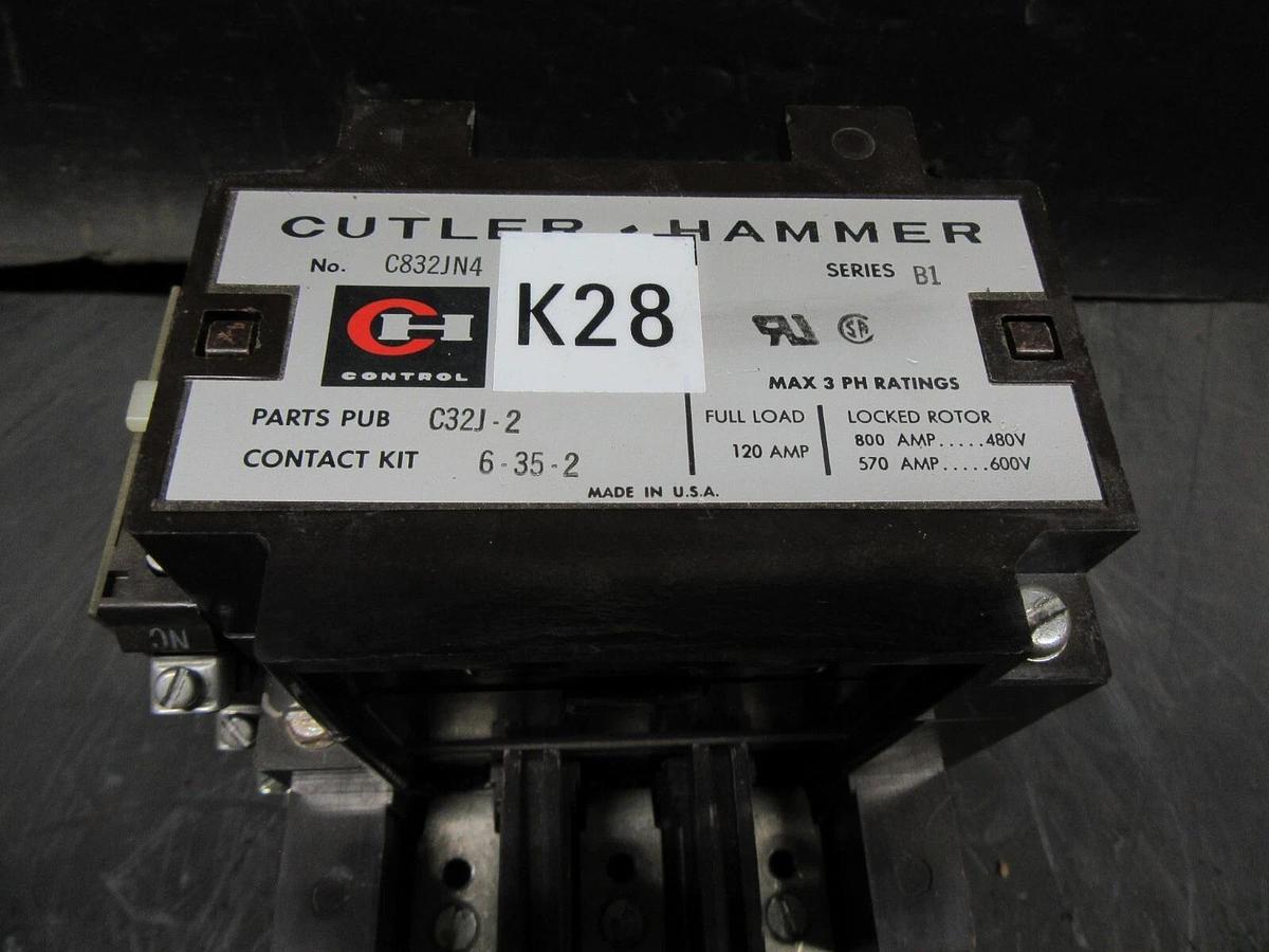 Used CUTLER HAMMER CONTACTOR C832JN4 120 AMP 480/600 V SERIES B1 120 VAC COIL NO LUGS