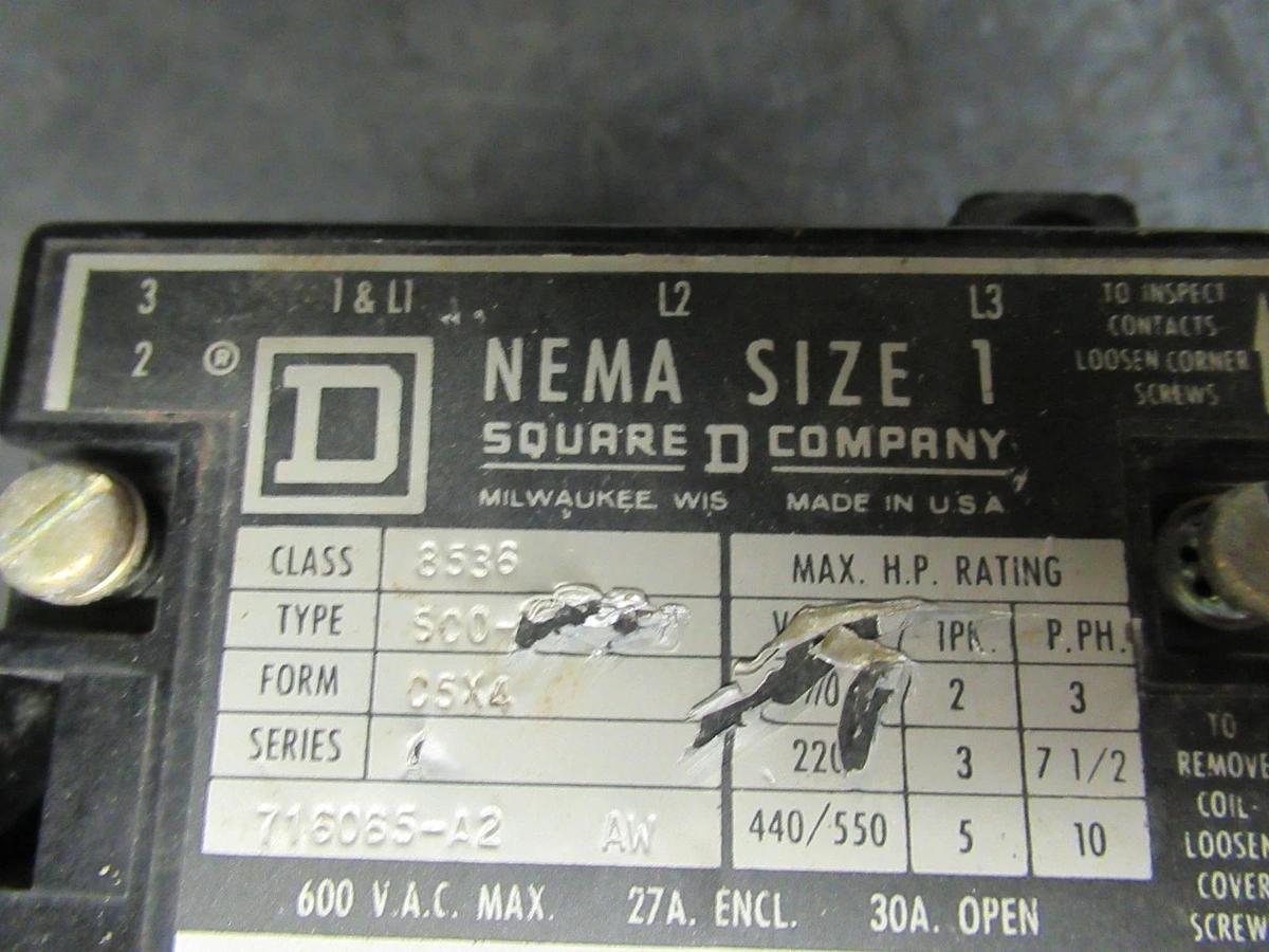 Used SQUARE D STARTER 8536SC0-3 FORM: C5X4 NEMA 1 600V 30A 3-PHASE 10HP 3-POLE