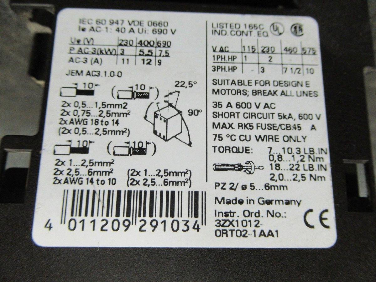 Used SIEMENS CONTACTOR 3RT1024-1B 600V 35A 10HP **WARRANTY INCLUDED**