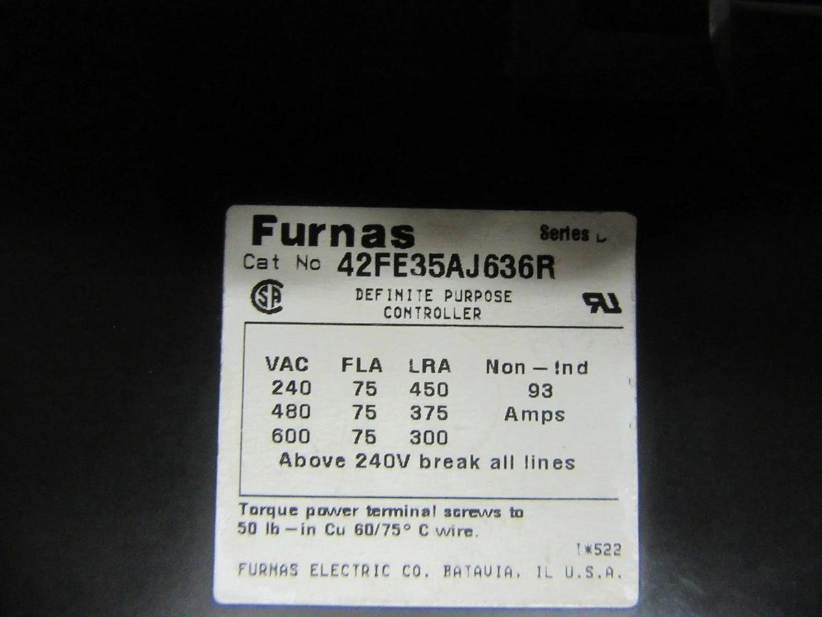 Used FURNAS DEFINITE PURPOSE CONTACTOR 42FE35AJ636R 600V 75A 3-POLE 3-PHASE COIL: 24V