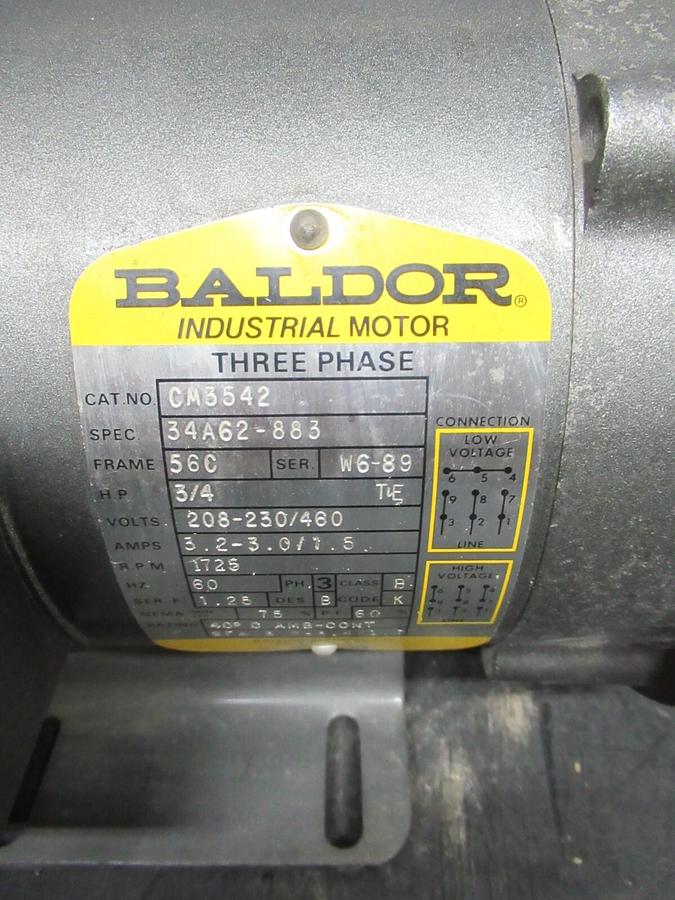 Used BALDOR 3-PHASE 56C MOTOR AND GEARBOX CM3542 W/ SUMITOMO HC-3097 3/4 HP 460 VOLT