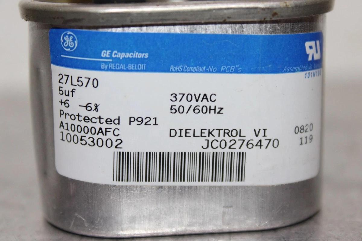 Used GENERAL ELECTRIC DIELEKTROL VI CAPACITOR 27L570 5uF 370 VAC 50/60 HZ A10000AFC