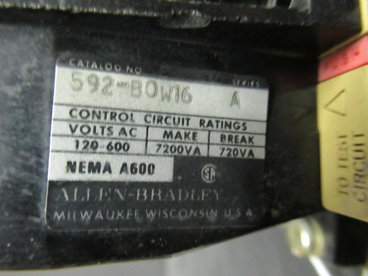 Used ALLEN BRADLEY STARTER 509-A0D SER. B 600 VAC 5 HP @ 460 VAC 18 AMP SIZE 0