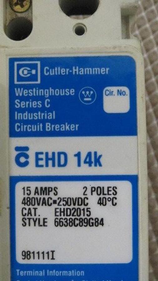 Used CUTLER HAMMER WESTINGHOUSE EHD 14K BREAKER 15 AMP 480 VAC 2 POLE MODEL EHD2015