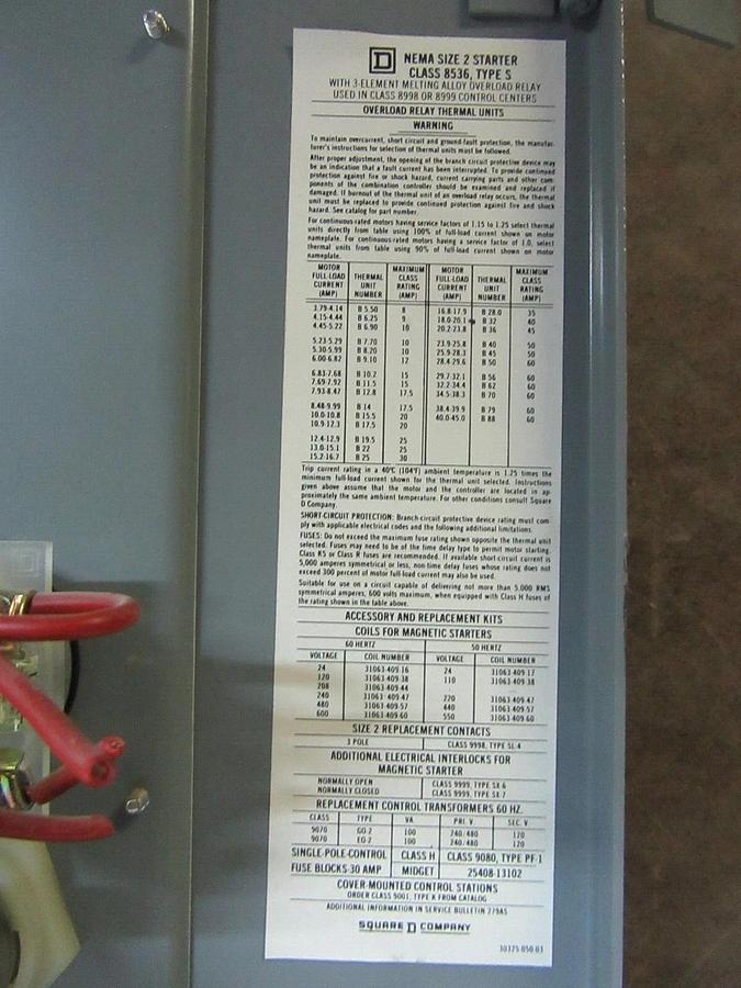 Used SQUARE D TWIN MCC FUSIBLE STARTER BUCKET 12" MODEL: 4 SIZE 1 W/ 8536-SDO1