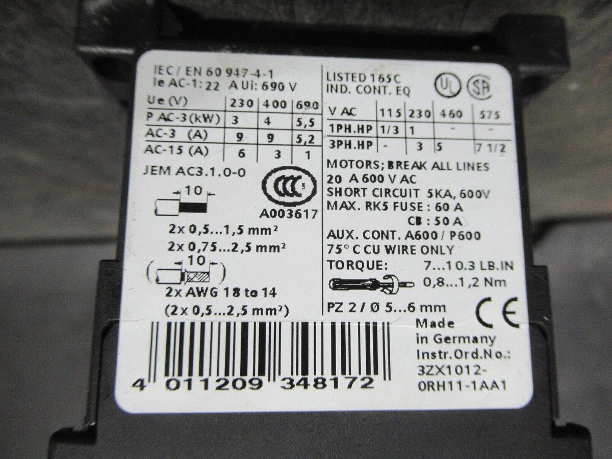 Used SIEMENS CONTACTOR 3RT1016-1AK61 20 AMP 600 VAC 7.5 HP 3-PHASE COIL: 110/120