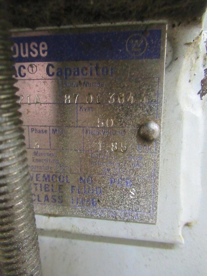 Used 100 KVAR (2-EA 50s) WESTINGHOUSE 480 V DYNA-VAC CAPACITOR BANK 1N02480A21A 3 PH