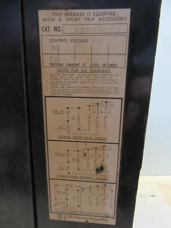 Used ITE CIRCUIT BREAKER KP3-F120 1200 AMP 600 VAC 3-POLE W/ SHUNT TRIP