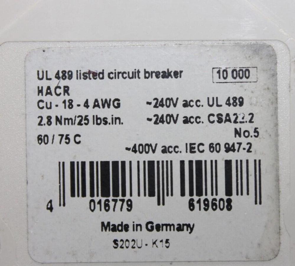Used ABB CIRCUIT BREAKER S202U-K15 277/480 VAC 2-POLE **WARRANTY INCLUDED**
