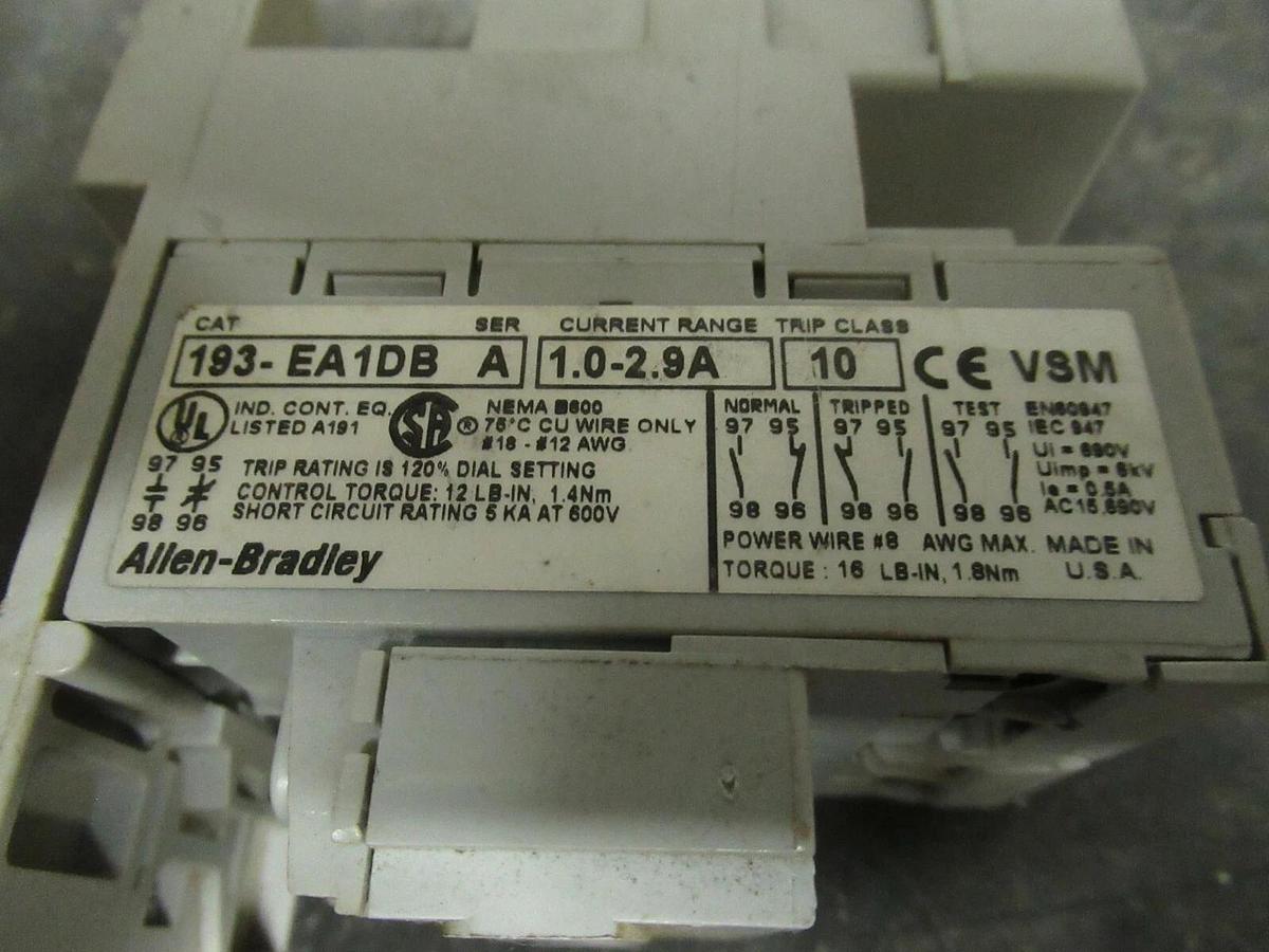 Used 2.9 AMP ALLEN BRADLEY OVERLOAD RELAY 193-EA1DB SER. A 600 VAC 3 POLE