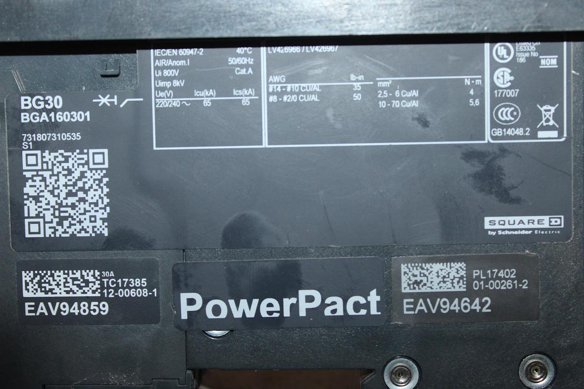 Used SQUARE D POWERPACT I-LINE CIRCUIT BREAKER BGA160401 40 AMP 277 VAC A-POLE