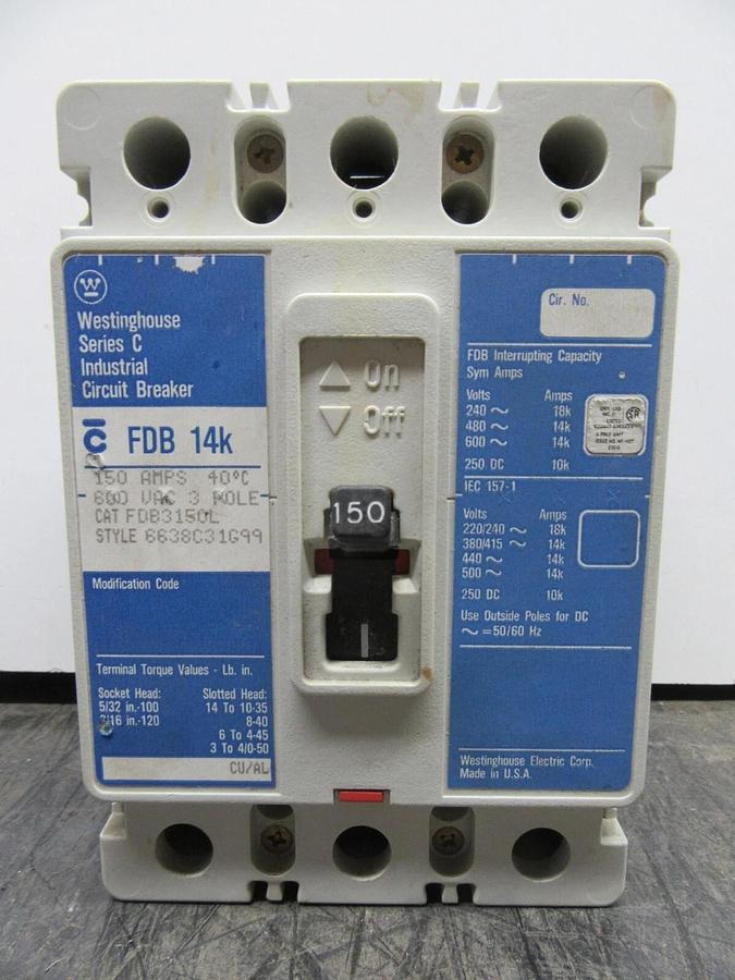 Used WESTINGHOUSE CIRCUIT BREAKER FDB3150L 150 AMP 3-POLE 600 VAC **WARRANTY**