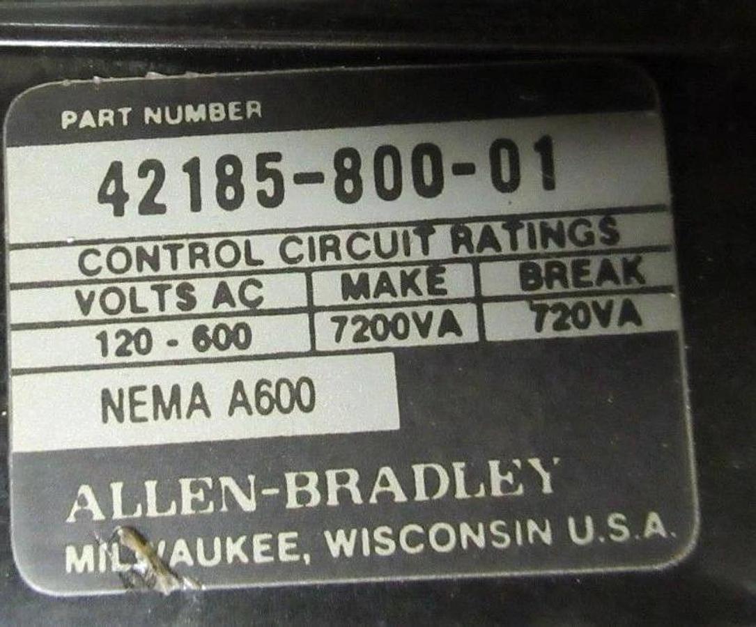 Used ALLEN-BRADLEY STARTER 509-A0D NEMA 0 600V 18A 5HP W/ 42185-800-01 OVERLOAD