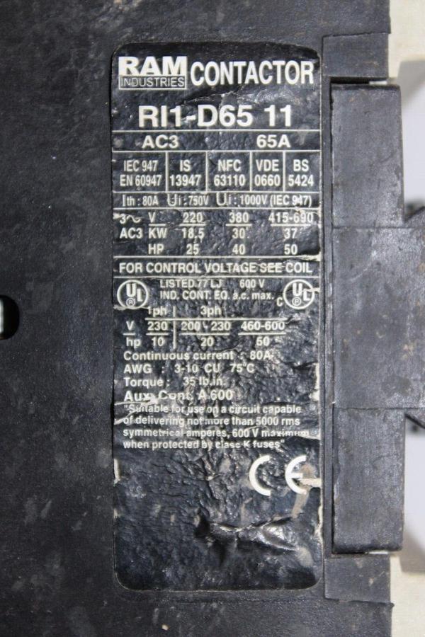 Used RAM INDUSTRIES CONTACTOR RL1-D65-11 600 VAC 80 AMP 3-PHASE *WARRANTY*