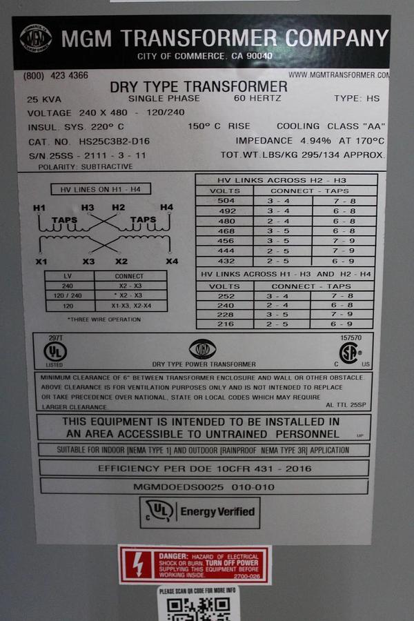 25 kVA MGM TRANSFORMER HS25C3B2-D16 HIGH: 480/240V LOW: 208/120V 1-PHASE 60 HZ