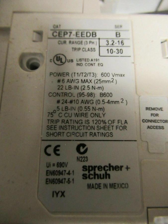 Used SPRECHER + SCHUH CONTACTOR CA7-16-10 30 AMP 600 VAC 3 POLE 15 HP COIL: 120V