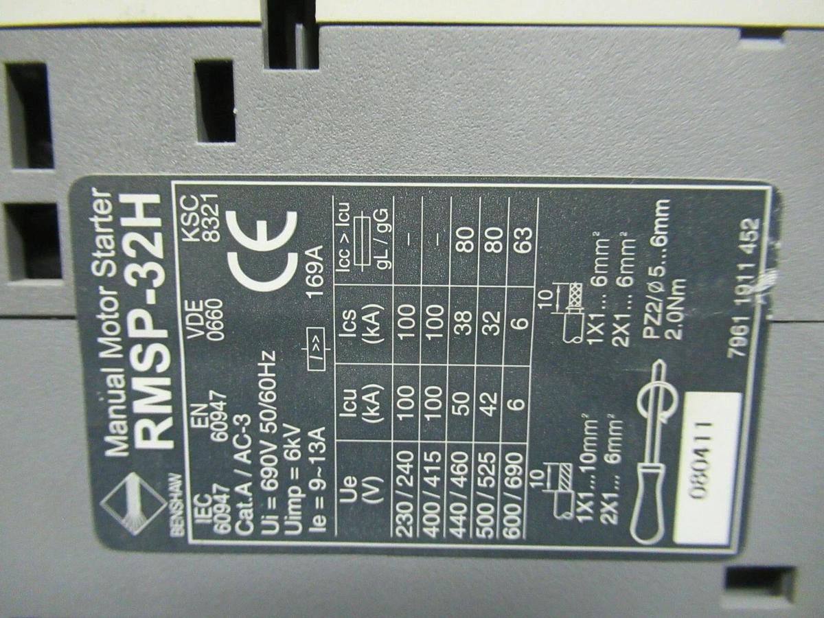 Used BENSHAW MANUAL MOTOR START RMSP-32H 13 AMP 600 VAC 10 HP