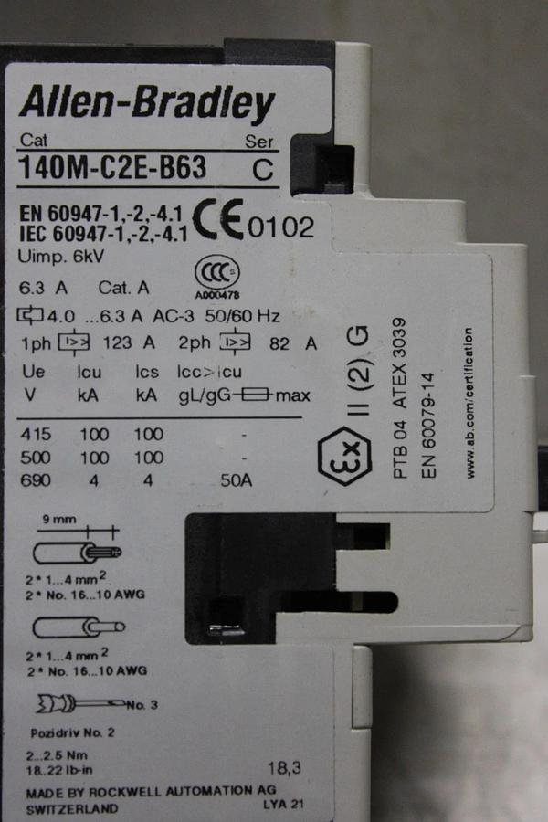 Used ALLEN BRADLEY MANUAL MOTOR STARTER 140M-C2E-B63 600 VAC 3-POLE 4 TO 6.3 AMP