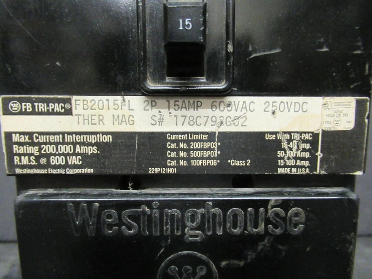 Used 15 AMP WESTINGHOUSE FB TRI-PAC BREAKER FB2015PL 2-POLE 600 VAC