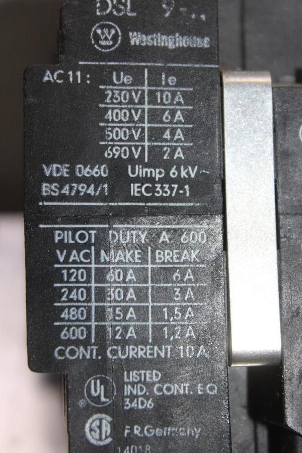 Used WESTINGHOUSE CONTACTOR DSL9-22 10 AMP 600 VAC 3-POLE 3-PHASE COIL: 110/120 V
