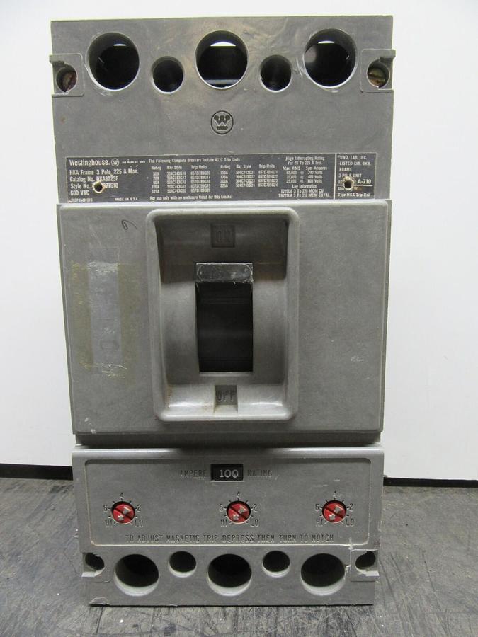 Used WESTINGHOUSE 3-POLE CIRCUIT BREAKER HKA3225F 225 AMP FRAME 100 AMP TRIP 600 VAC