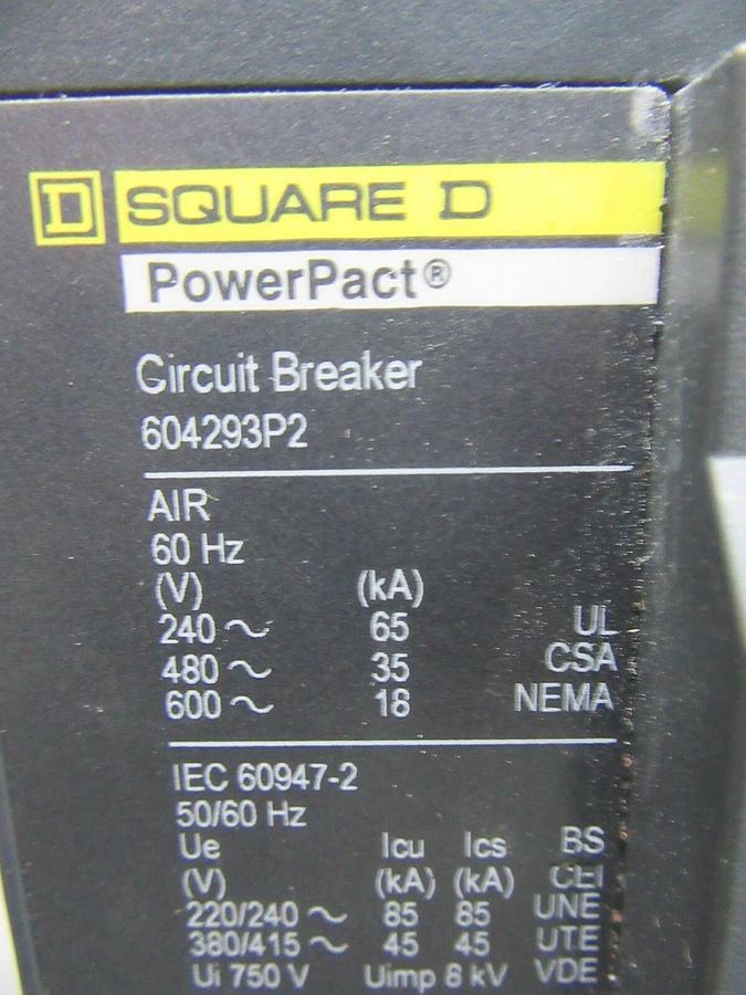 Used SQUARE D POWERPACT CIRCUIT BREAKER 604293P2 400 AMP 3-POLE 600 VAC