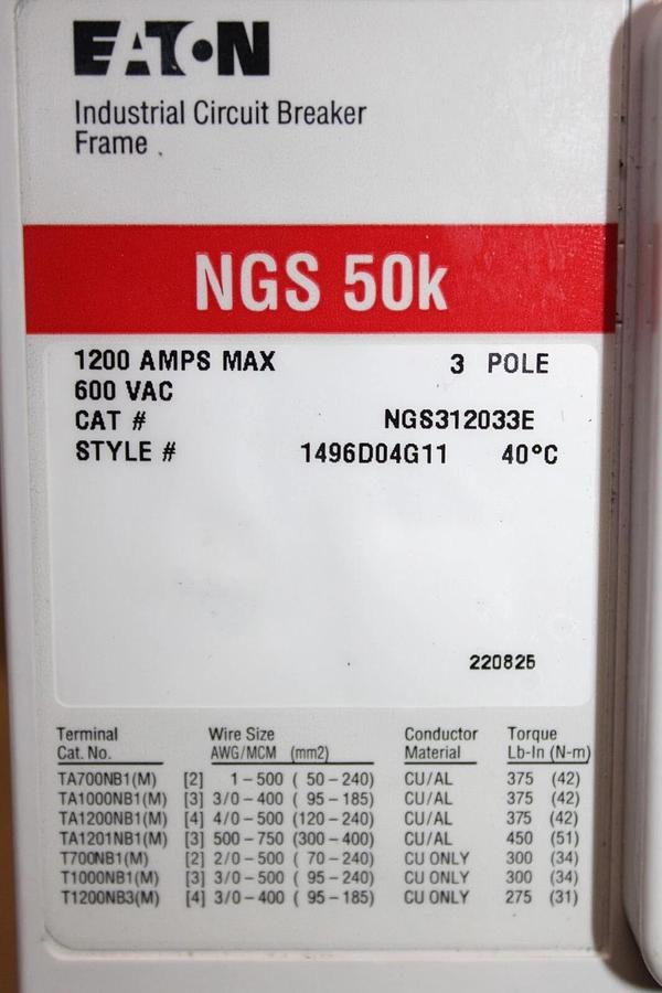 Used EATON CIRCUIT BREAKER NGS312033E 1200 AMP 600 VAC 3-POLE NGS-50K