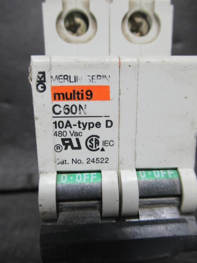 Used MERLIN GERIN THREE POLE BREAKER 24522 MULTI 9 C60N 10A-TYPE D 480 VAC