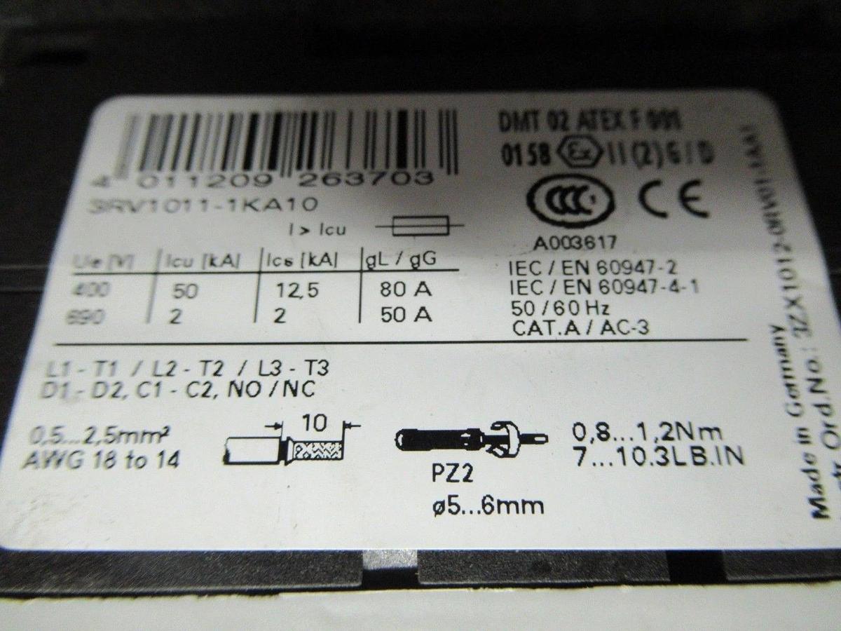 Used SIEMENS MANUAL MOTOR STARTER 3RV1011-1KA10 600 VOLT 12 AMP 10 HP G/070314