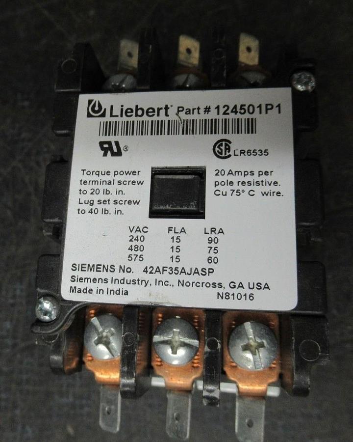Used LIEBERT CONTACTOR 124501P1 600V 15A 20A/RES **WARRANTY INCLUDED**