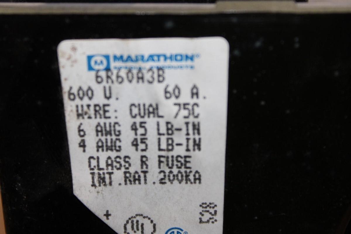 Used MARATHON FUSE LUG SET 6R60A3B 600 VOLT 60 AMP 3-POLE 3-PHASE **WARRANTY**