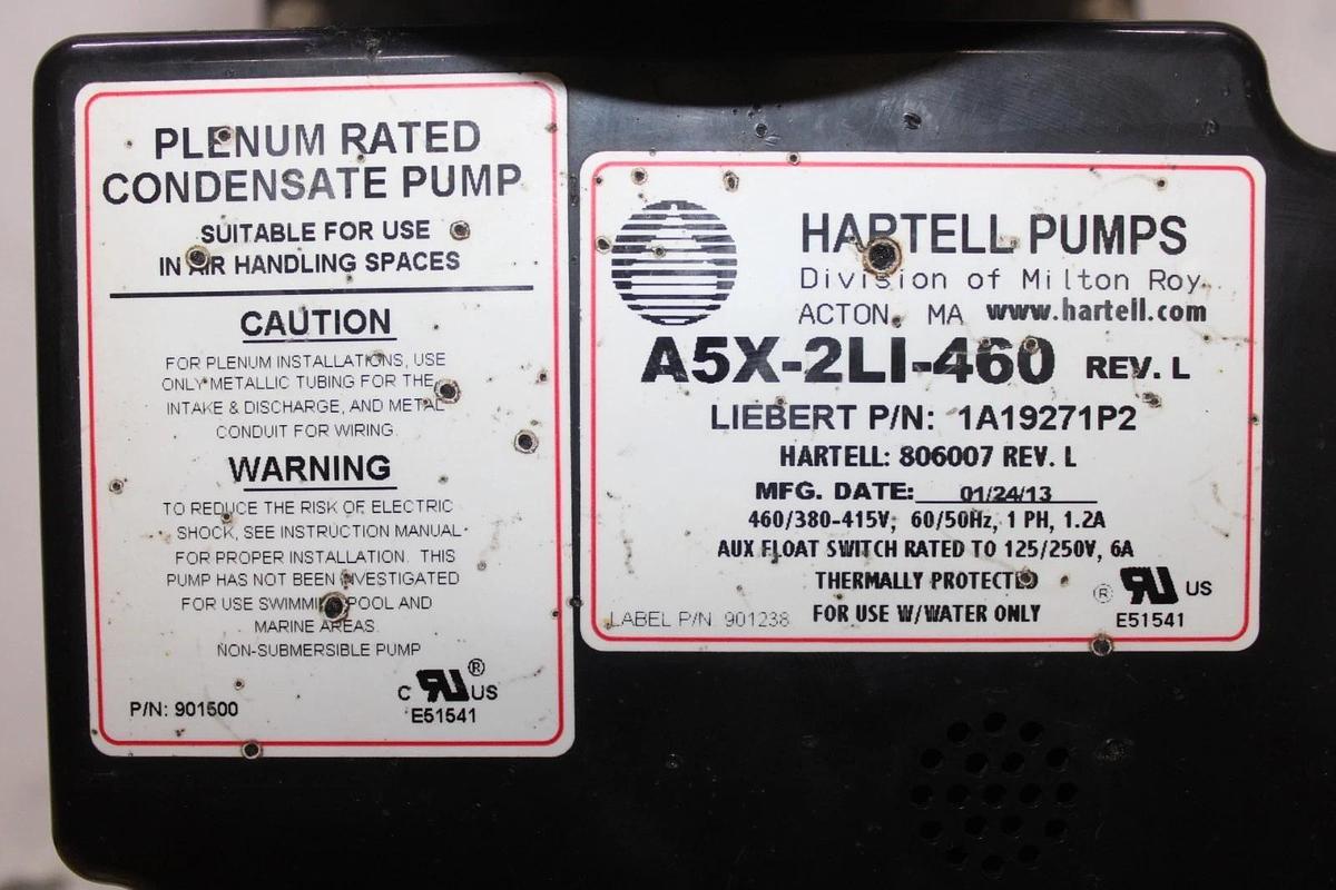 Used HARTELL LIEBERT PUMP A5X-2LI-460 806007 1A19271P2 460 VOLT 1.2 AMP 1-PHASE