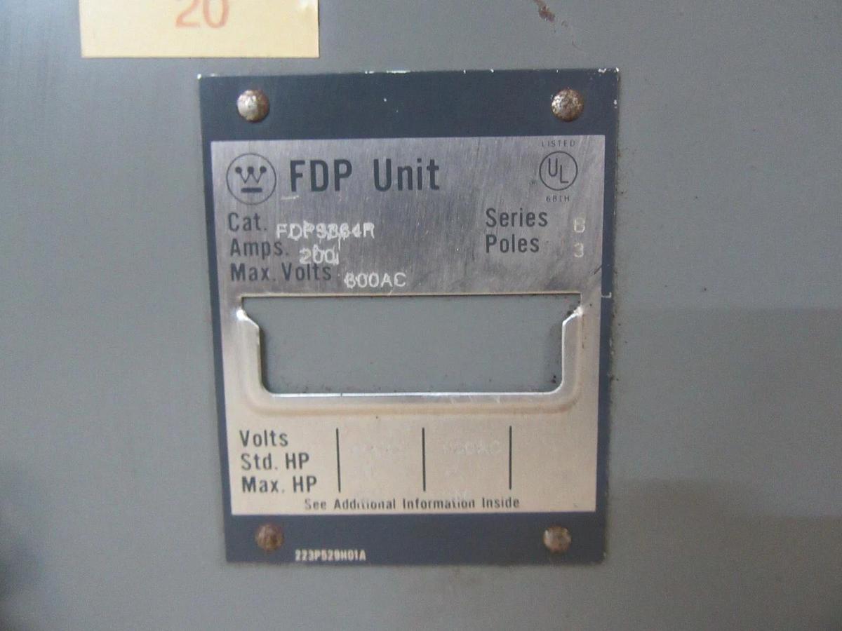 Used WETINGHOUSE FUSE PANELBOARD SWITCH  FDPS364R 200 AMP 600 VAC 50 HP 3-POLE