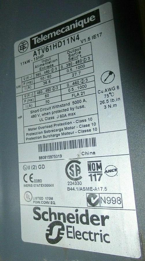 Used SQUARE D E-FLEX ALTIVAR VARIABLE SPEED DRIVE ATV61HD11N4 EFDKG4VY 460V 3-PHASE