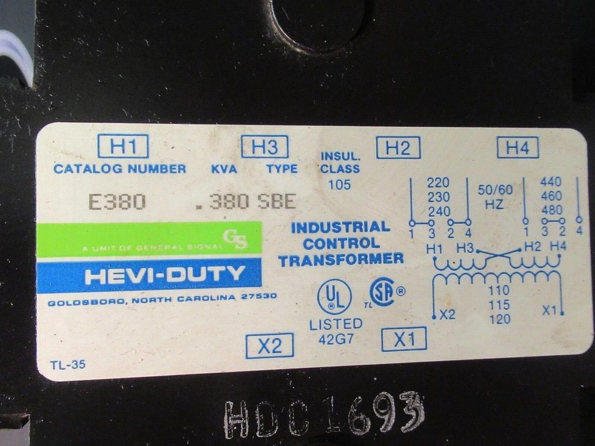 Used GENERAL SIGNAL HEVI-DUTY TRANSFORMER E380 0.38 KVA 240/480 VAC 60 HZ
