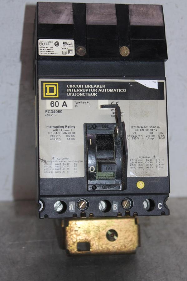 Used SQUARE D I-LINE CIRCUIT BREAKER FC34060 60 AMP 480 VAC 3-POLE