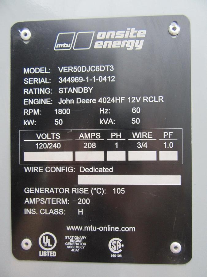Used 50 KW DIESEL GENERATOR MTU 120/240 V JOHN DEERE SOUND ENCLOSED 338 HRS VIDEO