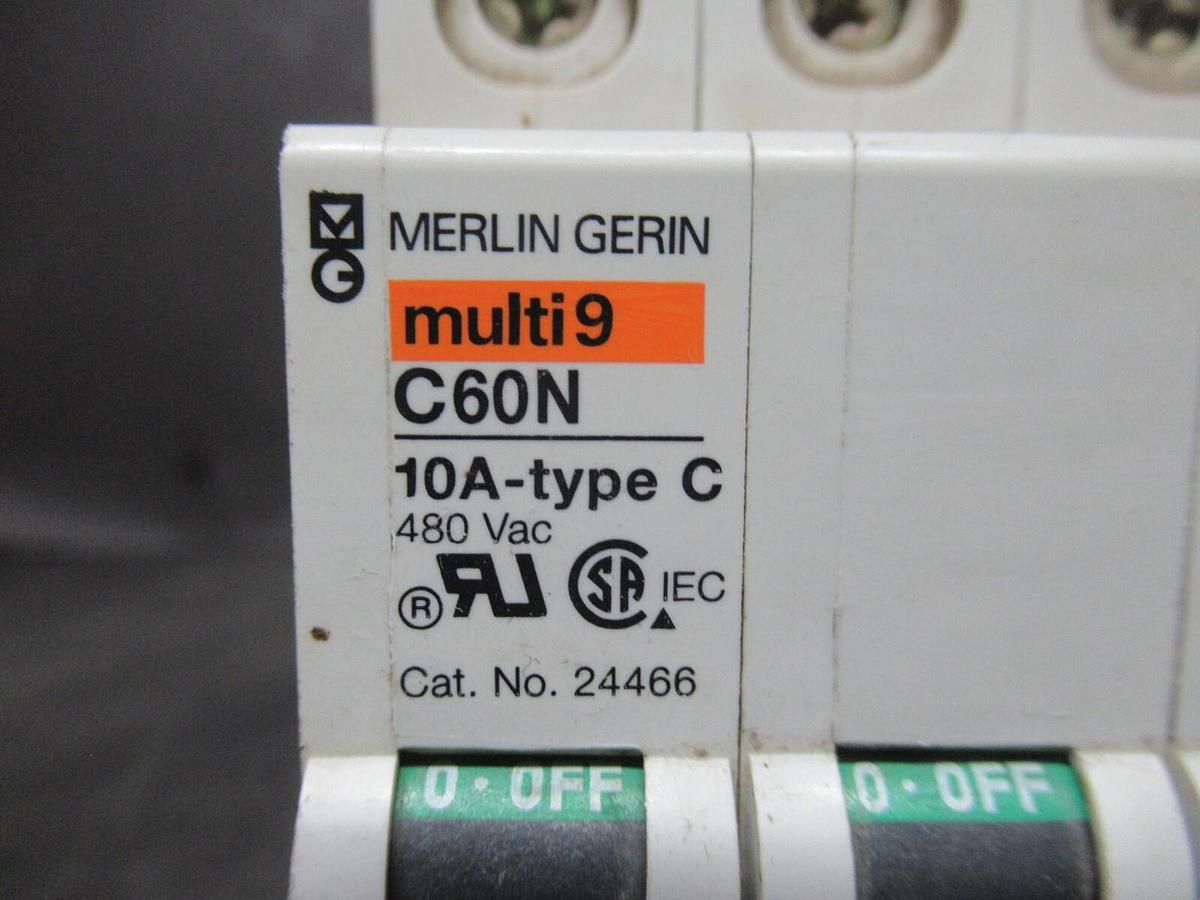 Used MERLIN GERIN THREE POLE BREAKER 24466 MULTI 9 C60N 10A-TYPE C 10 AMP 480 VAC