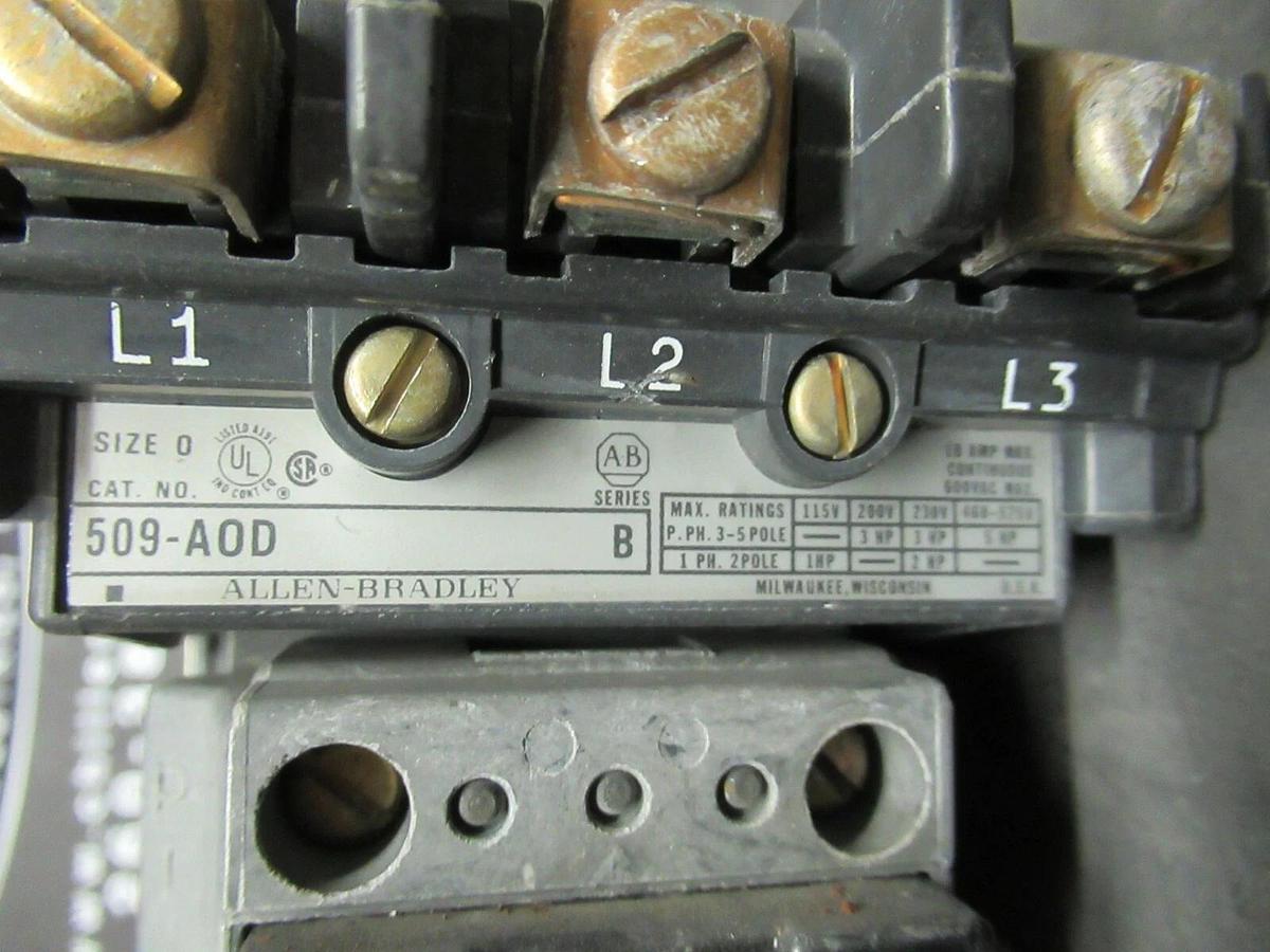 Used ALLEN BRADLEY STARTER 509-A0D SER. B 600 VAC 5 HP @ 460 VAC 18 AMP SIZE 0