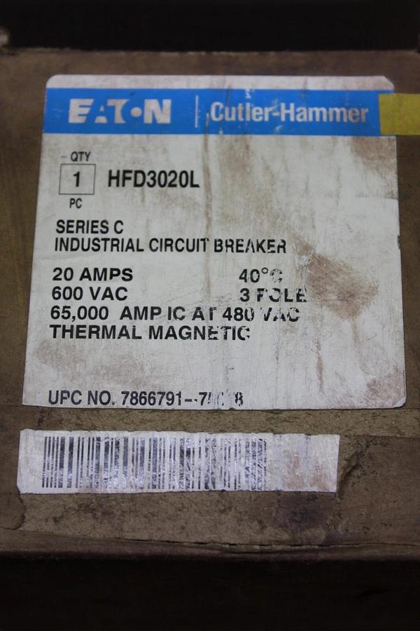 Used EATON CIRCUIT BREAKER HFD3020L 20 AMP 3-POLE 600 VAC HFD-65K **WARRANTY**