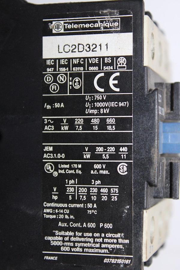 Used TELEMECANIQUE CONTACTOR LC2D3211 LC1D3210 50 AMP 600 VAC 3-POLE COIL: 120V
