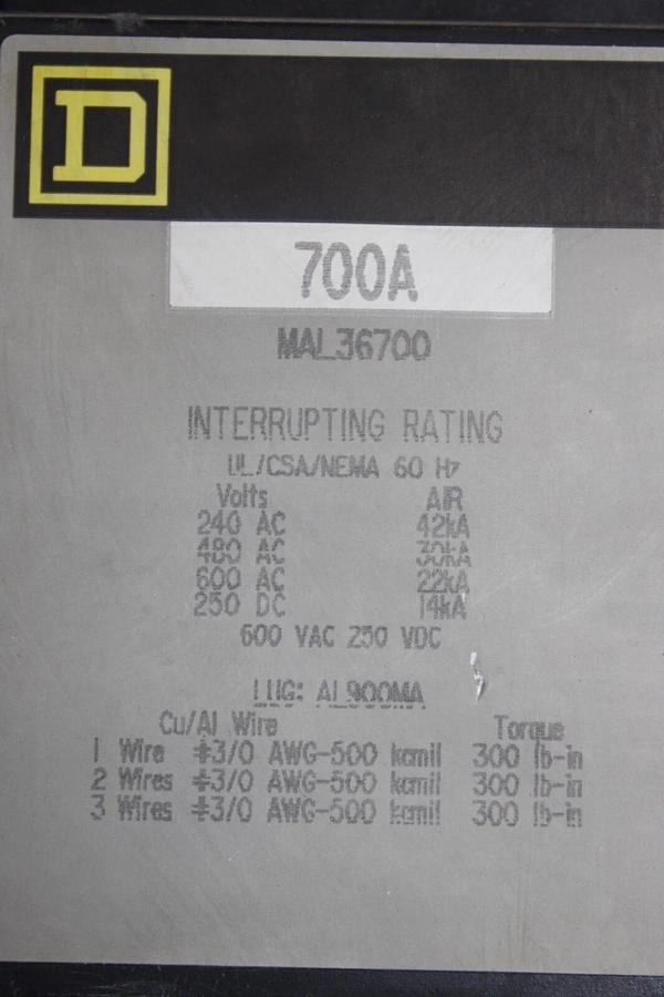 Used SQUARE D CIRCUIT BREAKER MAL36700 700 AMP 3-POLE 600 VAC W/ SHUNT TRIP