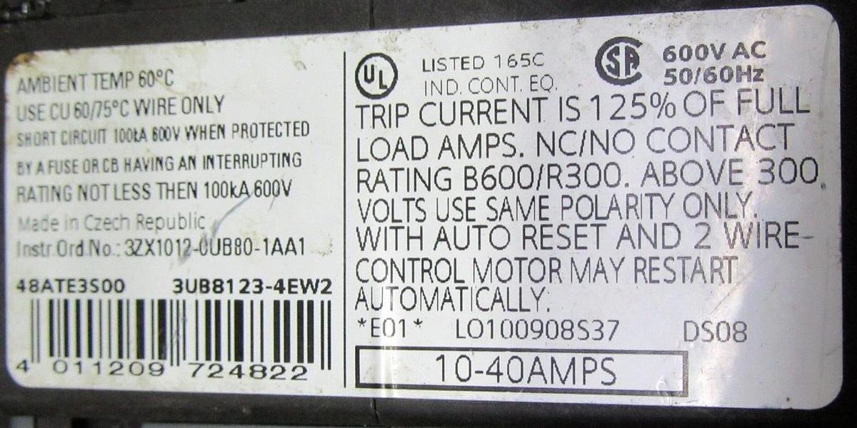 Used SIEMENS ELECTRONIC OVERLOAD RELAY PROTECTION ESP200 48ATE3S00 10-40 AMP