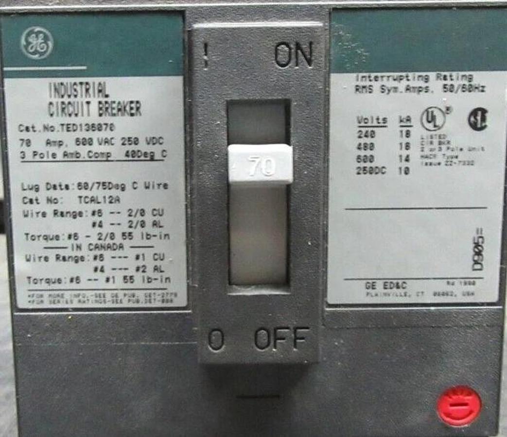 Used GE CIRCUIT BREAKER TED136070 70 AMP 600 VAC 3-POLE **WARRANTY INCLUDED**