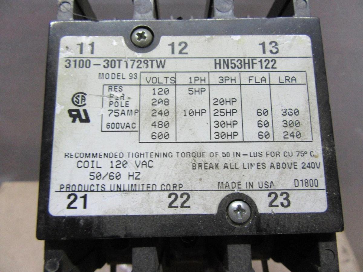 Used PRODUCTS UNLIMITED CONTACTOR 3100-30T1728TW HN53HF122 600 VOLT 60 AMP *WARRANTY*