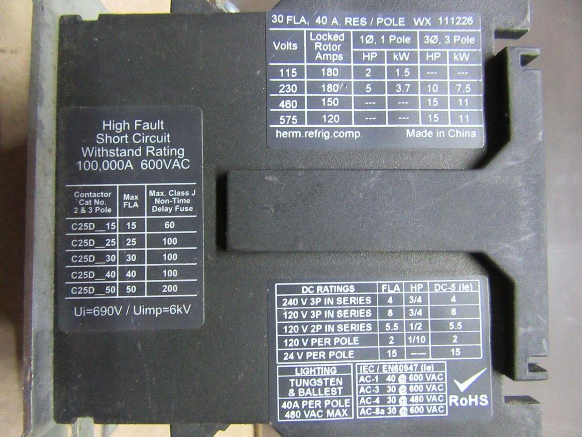 Used EATON CONTACTOR C25DNF330 30 AMP 600 VAC 3-POLE 3-PHASE COIL: 110/120 VOLT
