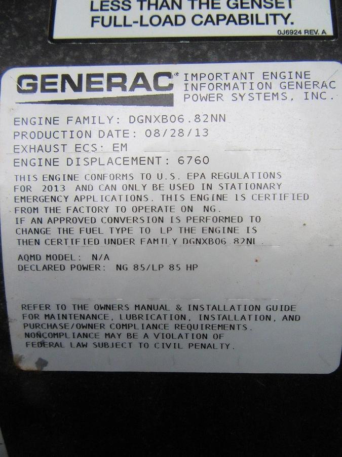 Used 48 KW 50 KW GENERATOR GENERAC NAT GAS LP PROPANE 120/240 V 1 PH 142 HRS WE SHIP