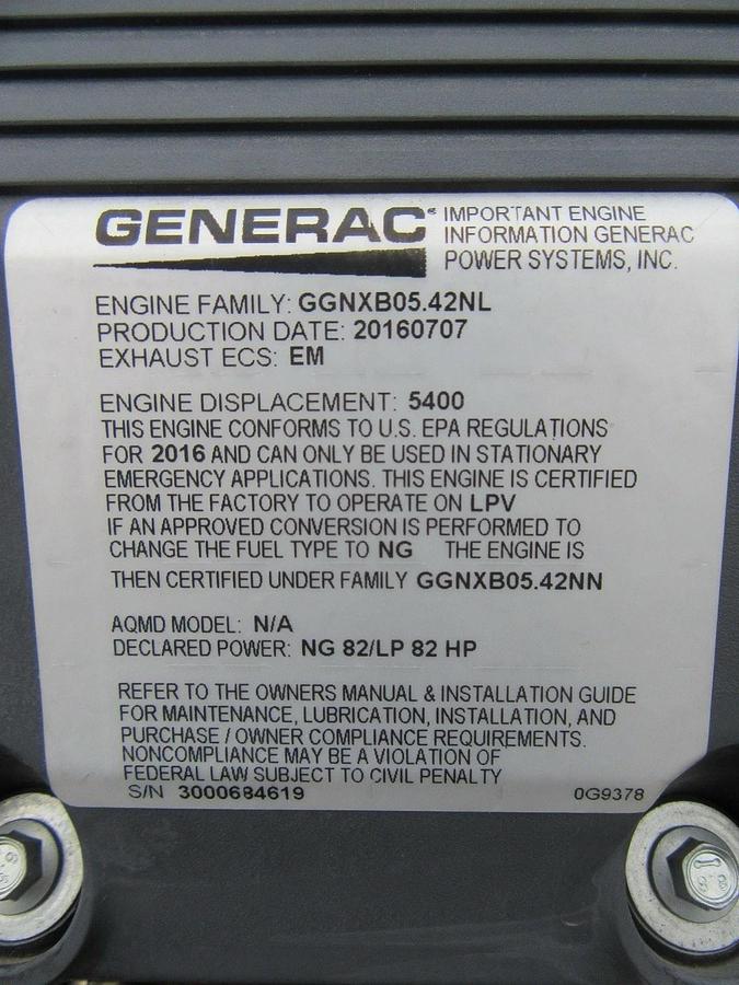Used 35 KW GENERATOR GENERAC NATURAL GAS LP PROPANE 120/240 VOLT 1 PH 30 KW 40KW 2016