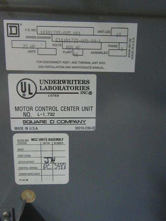 Used SQUARE D MCC FUSIBLE BUCKET 18" NEMA 2 MODEL 5W/ 8536SD01 *NO DOOR*